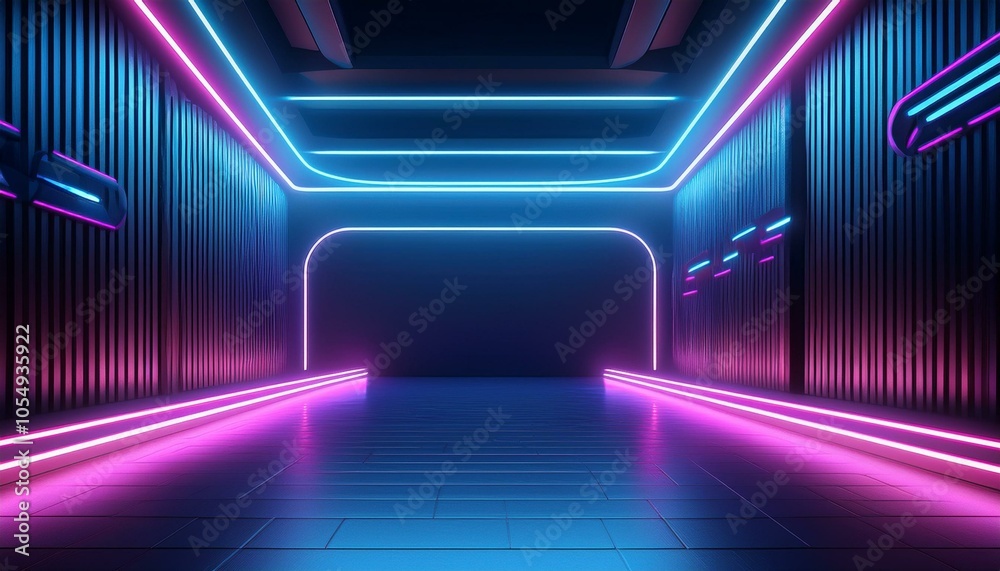 3D illustration of a dark room featuring striking neon lights, ideal for showcasing modern aesthetics and vibrant nightlife ambiance 3D illustration of a dark room featuring striking neon lights, ideal for showcasing modern aesthetics and vibrant nightlife ambiance