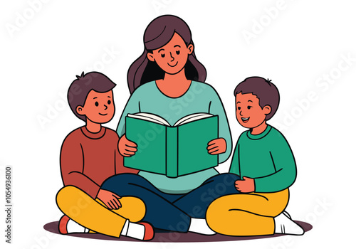 The mother reads a storybook to her two children. Hand drawn style vector design illustrations.