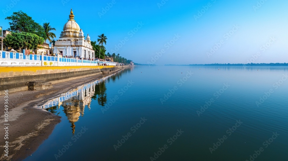 Fototapeta premium Serene Lakeside Temple with Reflection in Clear Water