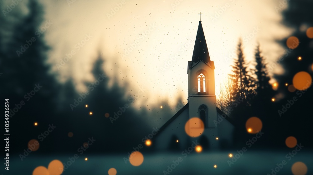 Fototapeta premium Serene Church Tower at Sunset with Magical Lights