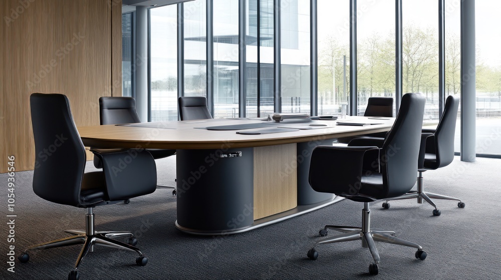 A modern conference room with a large table and black chairs, designed for meetings. A modern conference room with a large table and black chairs, designed for meetings.