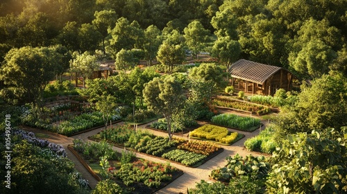 A permaculture-inspired organic farm, with a mix of fruit trees, vegetables, and flowers growing together in harmony.