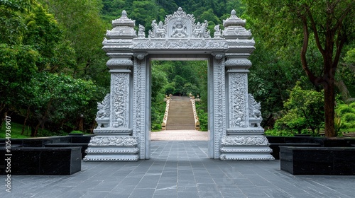 Intricate Stone Entrance to Lush Garden Pathway