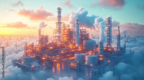 Wallpaper Mural Industrial complex with smokestacks and glowing lights at sunset. Torontodigital.ca