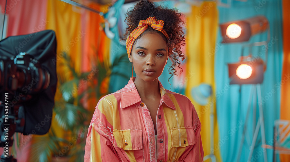 Fototapeta premium A lively live broadcast featuring a female influencer showcasing trendy fashion items, surrounded by colorful graphics.
