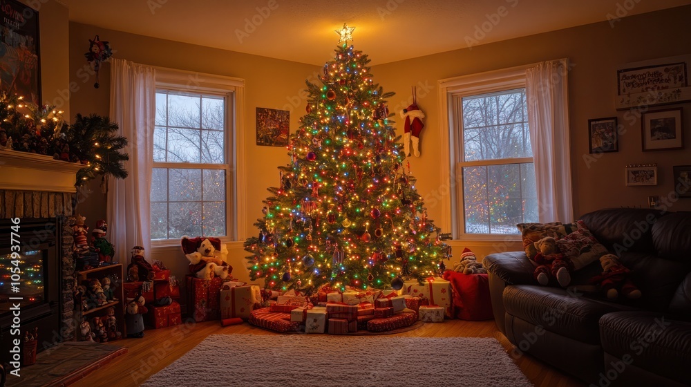 A beautifully decorated Christmas tree with sparkling lights and colorful ornaments in a cozy living room A beautifully decorated Christmas tree with sparkling lights and colorful ornaments in a cozy living room