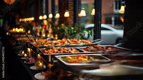 Enjoy a lavish buffet showcasing a variety of delicious dishes at a cozy restaurant in the evening