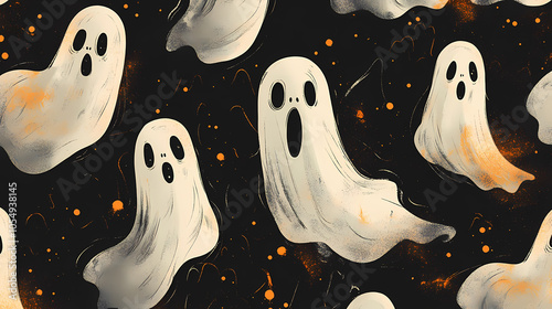 Whimsical pattern of cute ghosts on a dark background, perfect for halloween-themed designs and festive decorations. Shapeshifter. Illustration photo