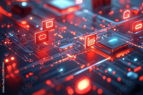 Abstract 3D illustration of a circuit board with glowing icons representing smart home technology.