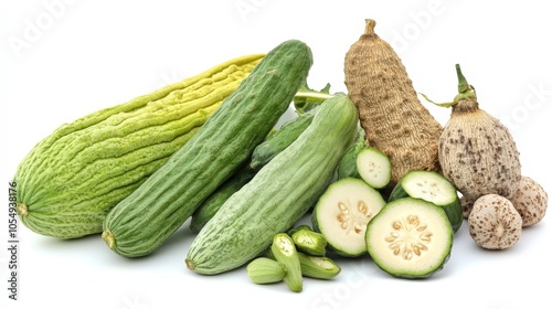 A selection of unusual and exotic vegetables like bitter melon, okra, and taro root, ideal for adventurous cooks, isolated on a white background photo