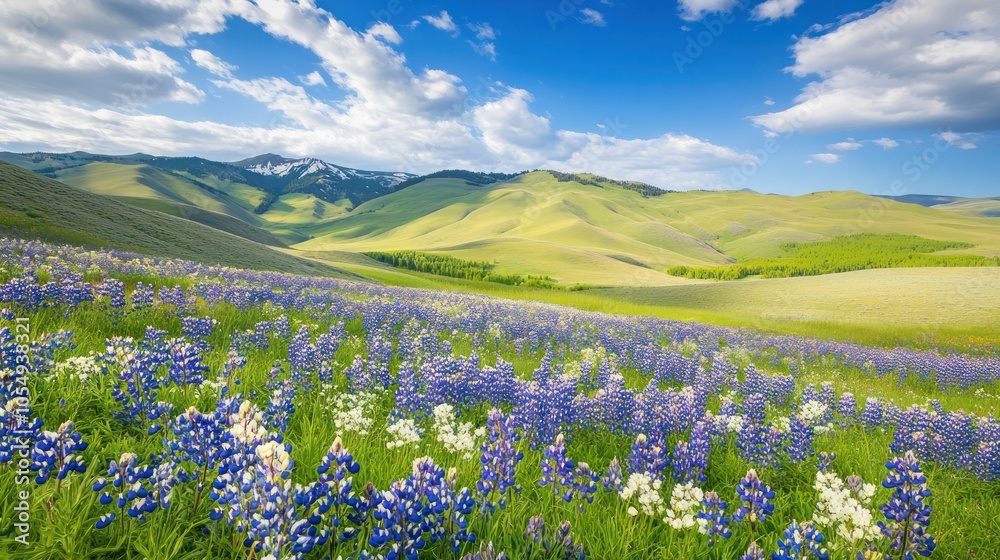 Obraz premium A serene spring landscape with vibrant green hills and blooming wildflowers under a blue sky