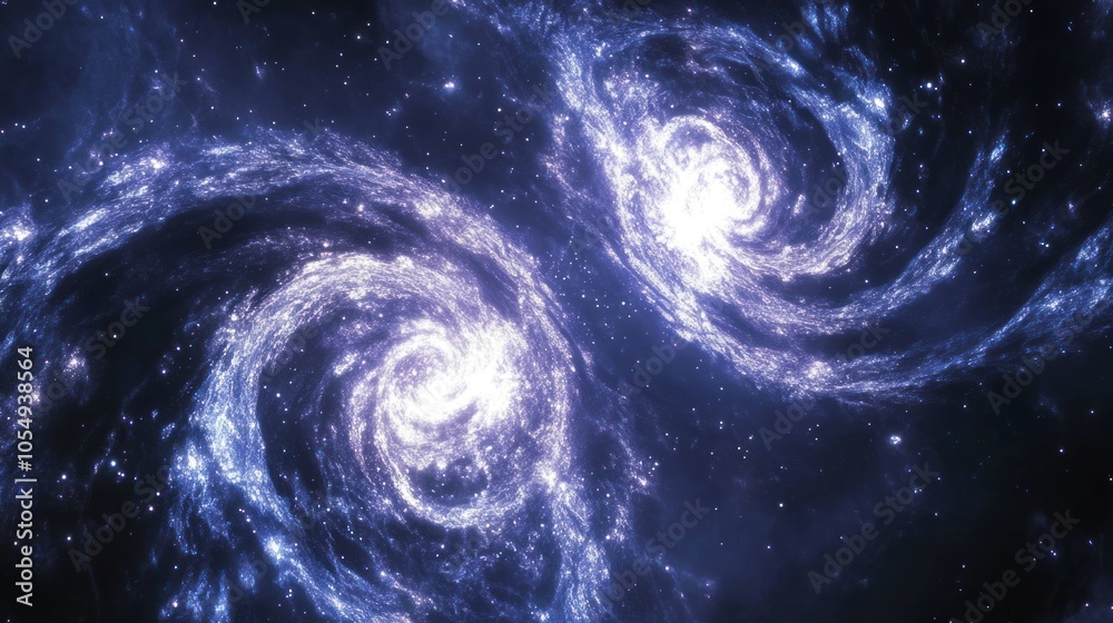 Simulated galaxy collision, with two massive spirals merging and creating cosmic shockwaves. Simulated galaxy collision, with two massive spirals merging and creating cosmic shockwaves.