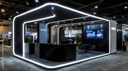 Sculptural booth design with modular elements and dark accents, offering a visually striking and modern presentation space for trade shows.