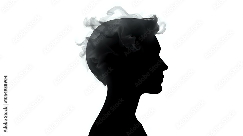 Swirling Smoke Inside Head Silhouette on White Background