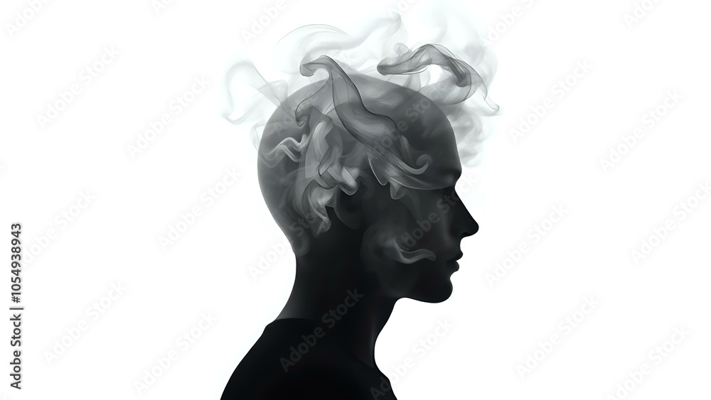 Swirling Smoke Inside Head Silhouette on White Background Swirling Smoke Inside Head Silhouette on White Background