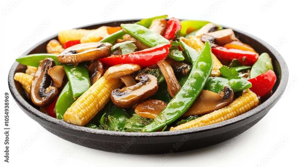 A sizzling stir-fry dish with a variety of vegetables including snow peas, mushrooms, and baby corn, ready to serve, isolated on a white background