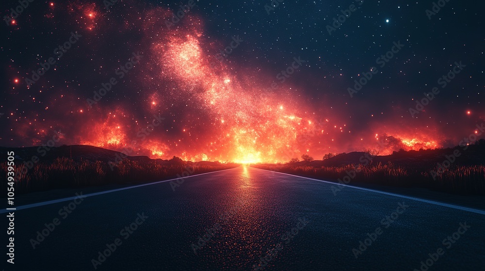 Fototapeta premium Road leading towards a fiery starry night sky