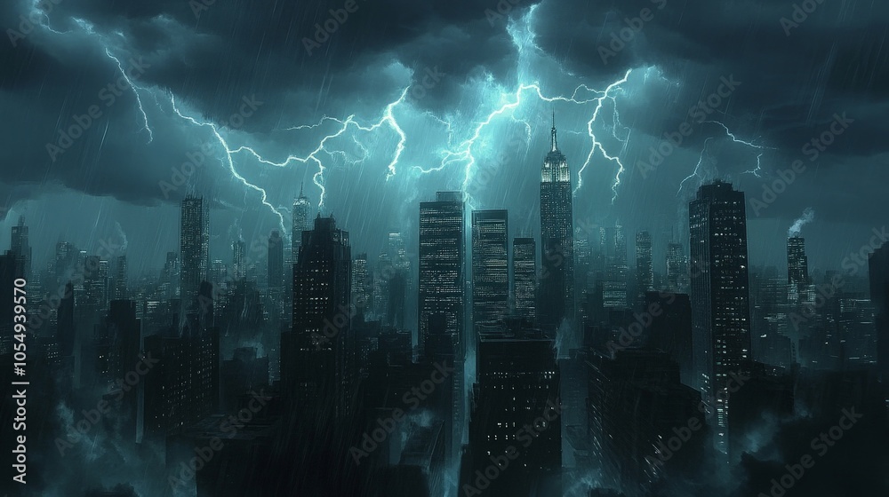 A stormy skyline with lightning bolts striking the tops of buildings, casting dramatic shadows across the city. A stormy skyline with lightning bolts striking the tops of buildings, casting dramatic shadows across the city.