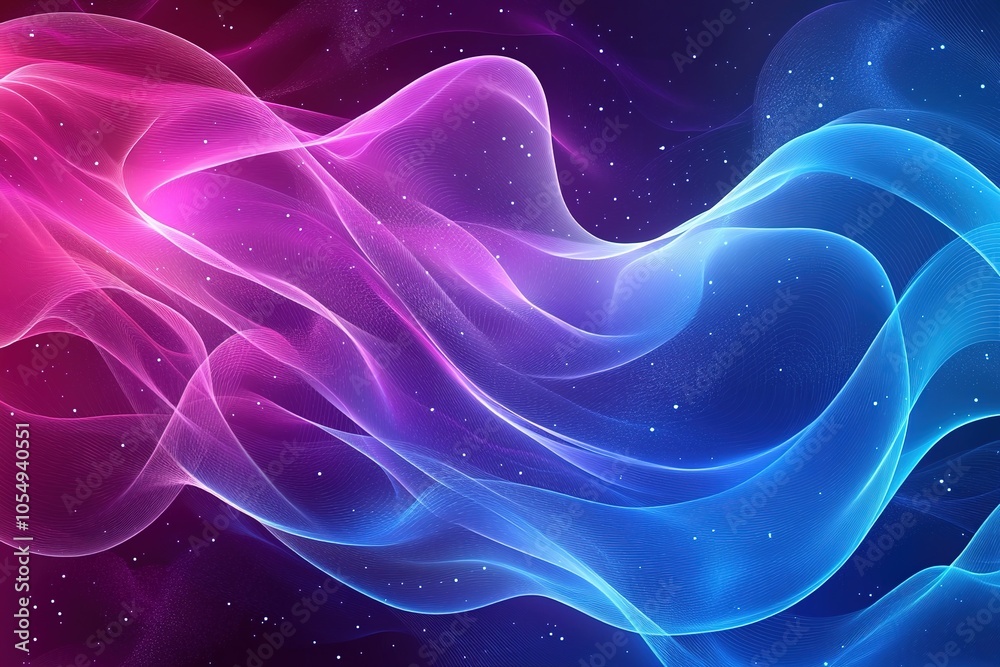 Abstract background with flowing neon pink and blue waves and a dark space background with tiny white stars. Abstract background with flowing neon pink and blue waves and a dark space background with tiny white stars.