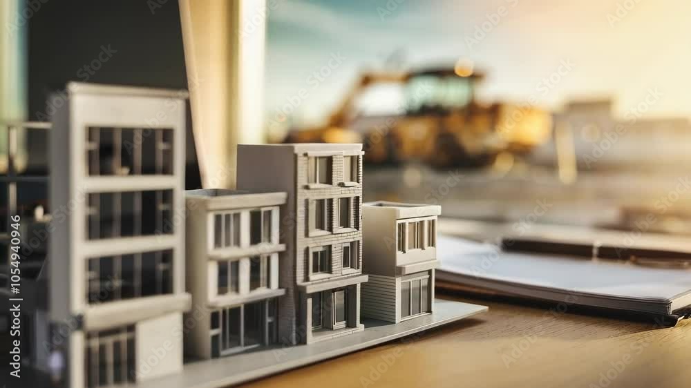 A miniature architectural model on a desk with construction equipment in the background. A miniature architectural model on a desk with construction equipment in the background.