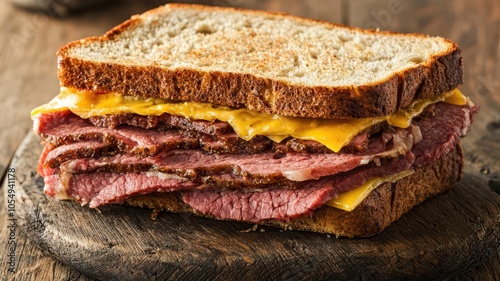 Juicy sandwich with layers of pastrami, mustard, and Swiss cheese, juicy sandwich, savory and tangy flavors, 3D illustration