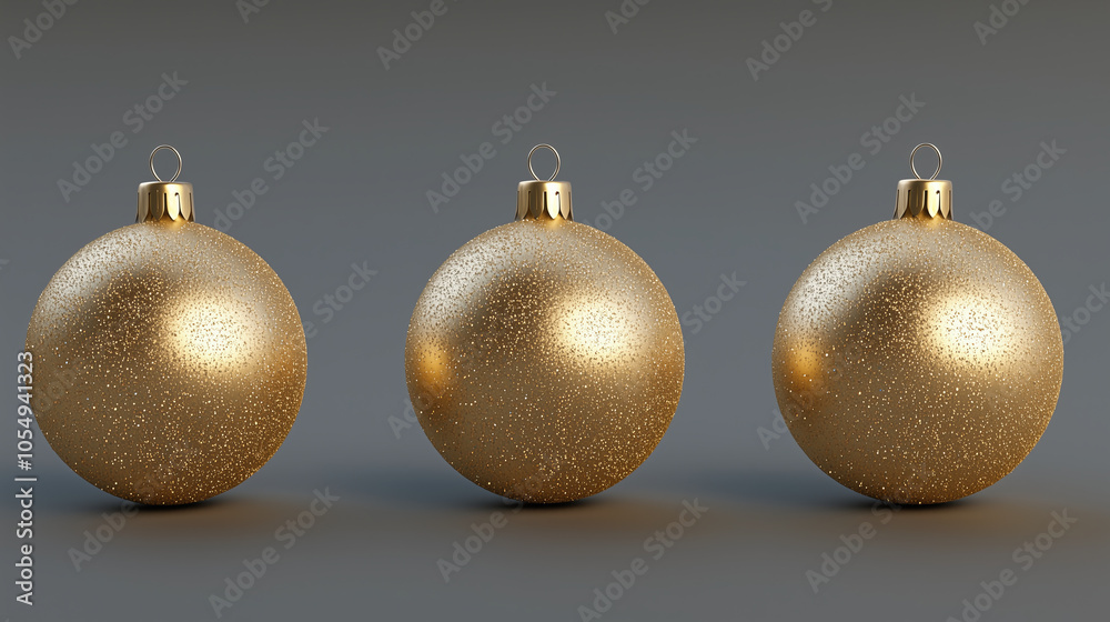 Three gold glitter baubles on a gray background.. Three gold glitter baubles on a gray background..