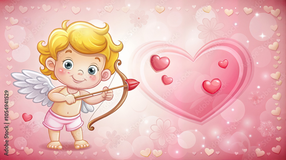 Cartoon cupid aiming at heart on pink background Cartoon cupid aiming at heart on pink background