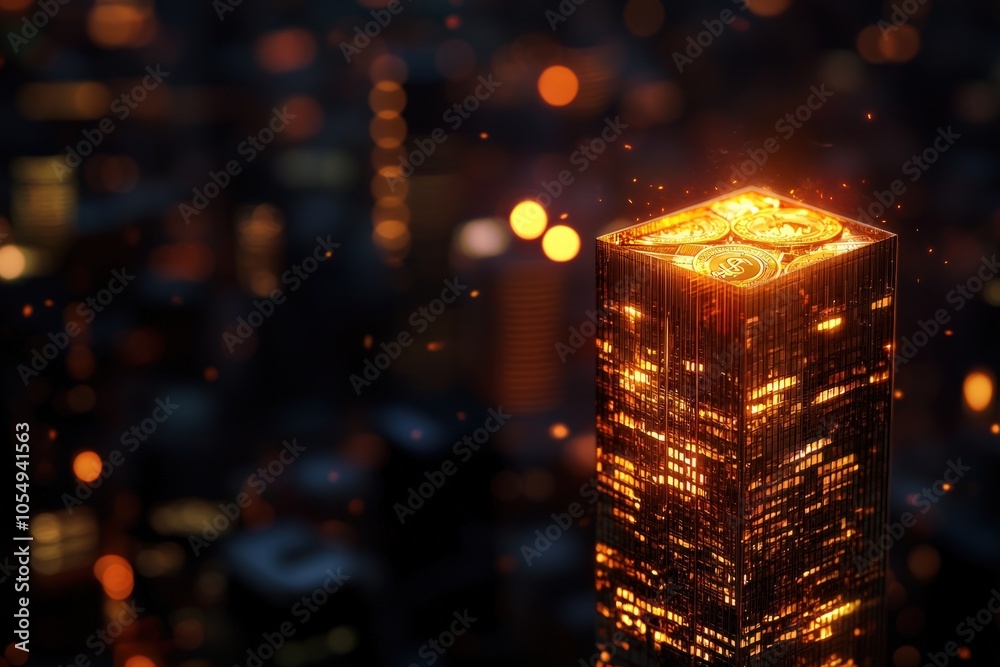 Illuminated Skyscraper with Digital Currency Symbol in Urban Nightscape Illuminated Skyscraper with Digital Currency Symbol in Urban Nightscape