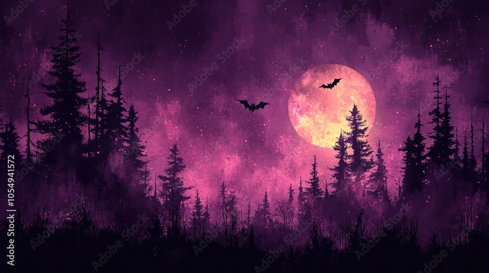 Silhouetted Forest Underneath a Pink Moon and Bats