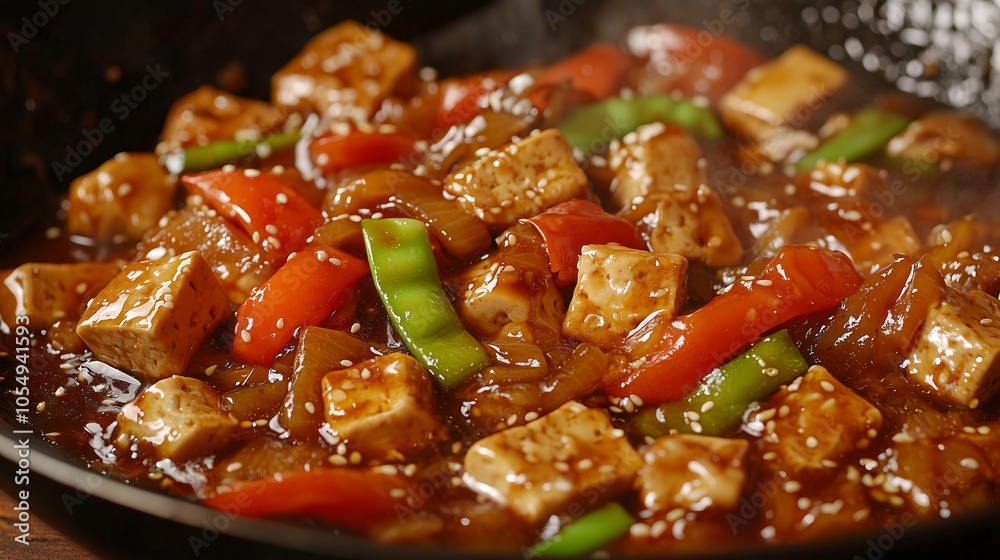 Close-up of tofu stir-fry with peppers, onions, and sesame seeds.