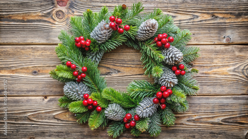Christmas wreath with red berries and pine cones on rustic wood Christmas wreath with red berries and pine cones on rustic wood