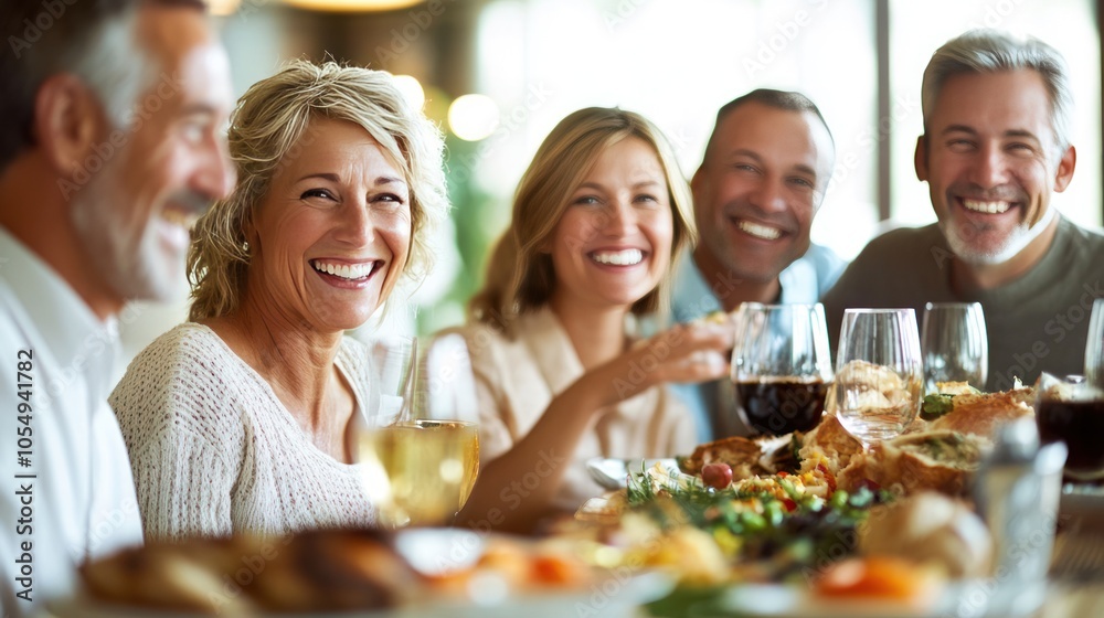 Family gathered around the table for a holiday meal, smiling and celebrating together Family gathered around the table for a holiday meal, smiling and celebrating together