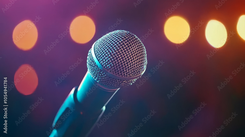 silver condenser microphone stands prominently, capturing vibrant energy of performance with colorful bokeh lights in background, creating engaging atmosphere silver condenser microphone stands prominently, capturing vibrant energy of performance with colorful bokeh lights in background, creating engaging atmosphere