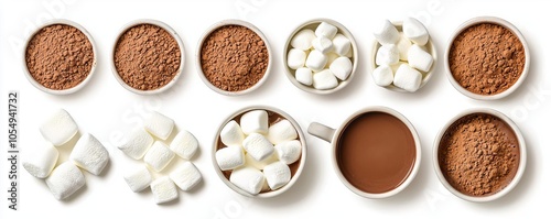 A cozy assortment of cocoa powder and marshmallows, perfect for making hot chocolate, displayed in stylish white bowls against a clean background.