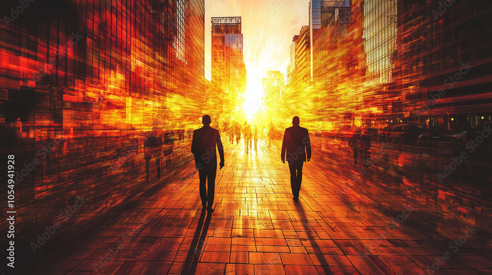 Two figures walk towards a bright light in a city street.. Two figures walk towards a bright light in a city street..