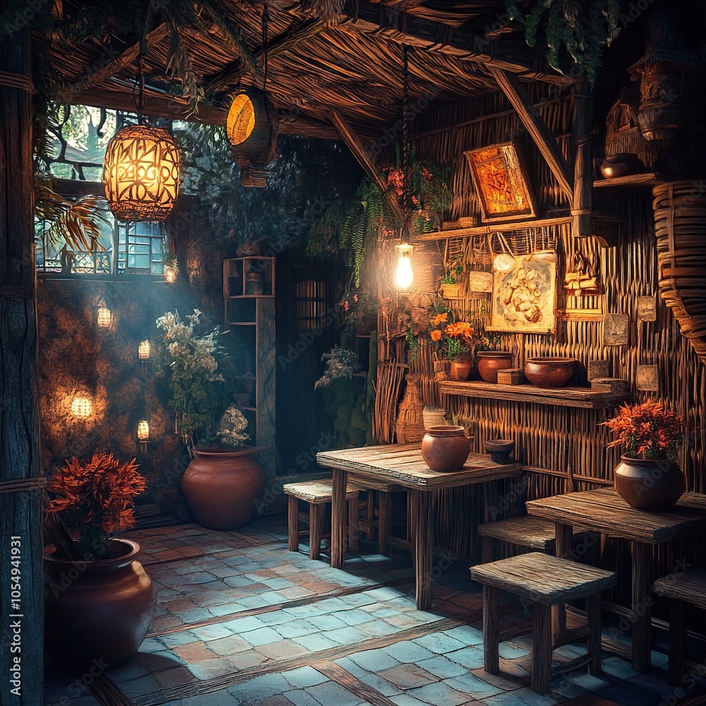 Rustic Wooden Hut Interior with Lanterns and a Table Set