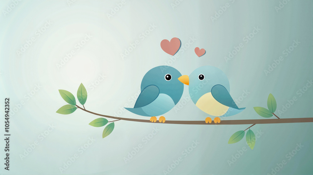 Blue love birds on branch with heart and pastel background Blue love birds on branch with heart and pastel background