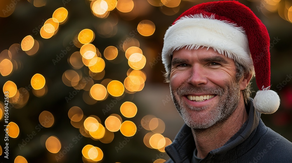 Smiling man in a Santa hat with Christmas lights in the background. Smiling man in a Santa hat with Christmas lights in the background.