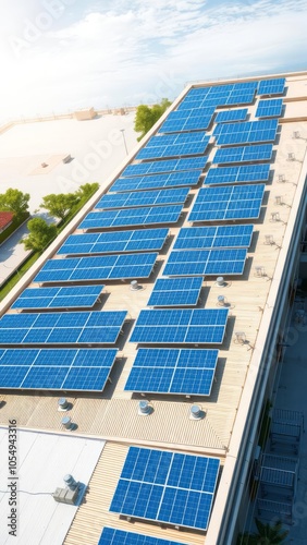 Aerial view, solar panels, rooftop installation, sustainable energy, blue photovoltaic array, white building, coastal landscape, green technology, sunlight reflection, urban renewable power, environme photo