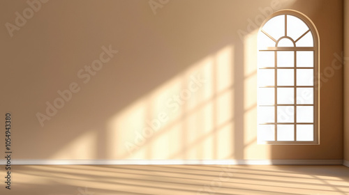 spacious room with beige wall and large window casting shadows, perfect for product presentation. warm light creates serene atmosphere