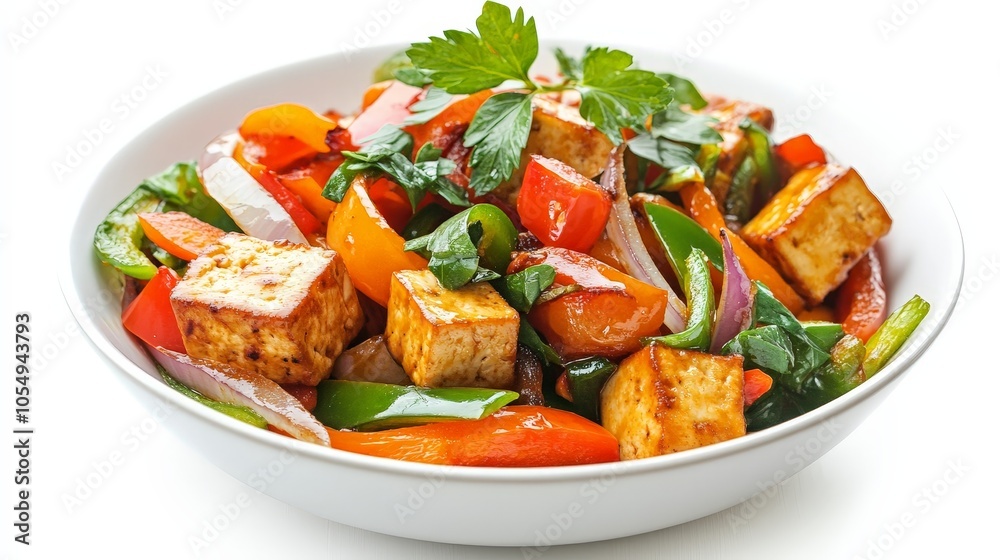 A vibrant vegetable stir-fry with tofu, featuring crunchy bell peppers and onions, coated in a light sauce, isolated on a white background A vibrant vegetable stir-fry with tofu, featuring crunchy bell peppers and onions, coated in a light sauce, isolated on a white background