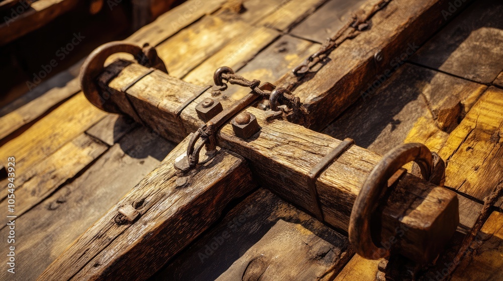 Rustic Wooden Cross with Iron Chains on Weathered Planks Rustic Wooden Cross with Iron Chains on Weathered Planks