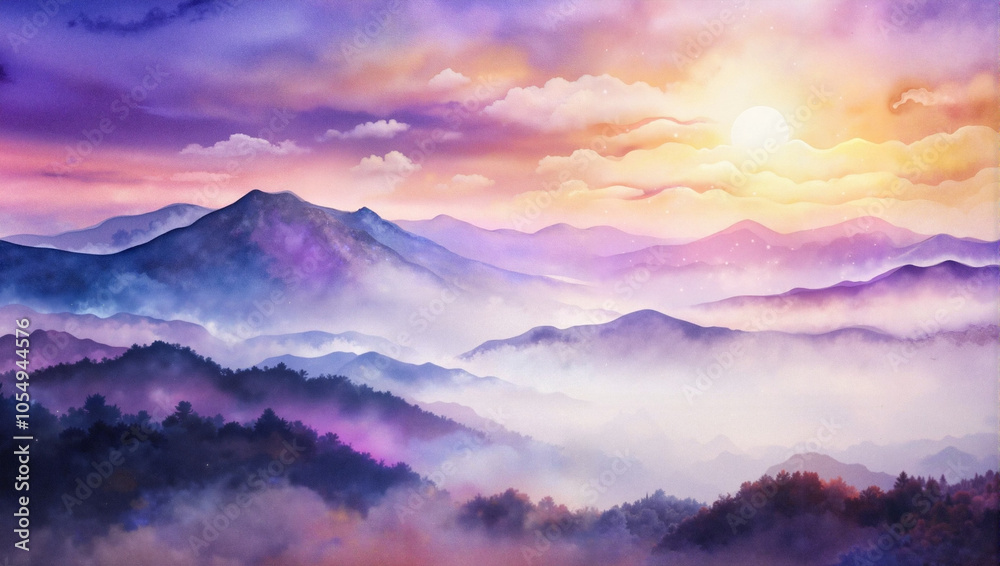 Fototapeta premium Misty mountain range at sunset with purple and pink sky