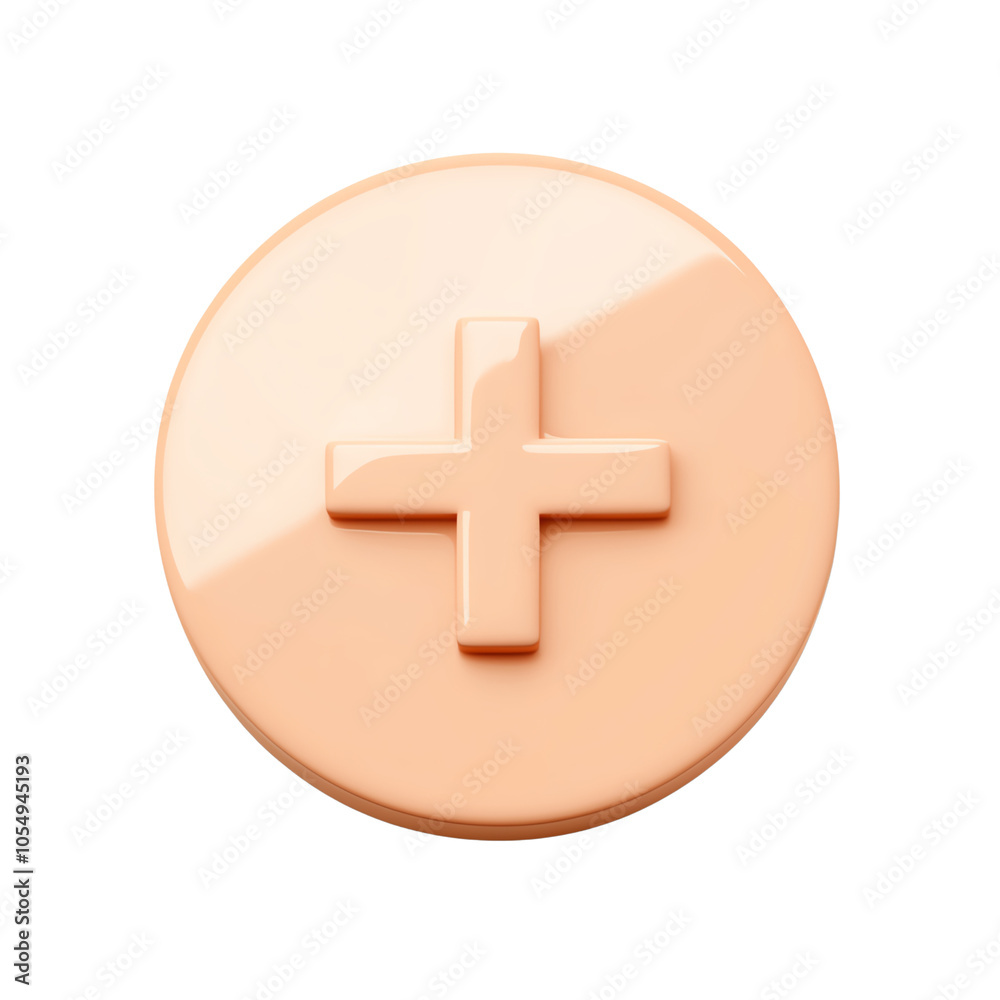 Fototapeta premium A glossy plus sign button isolated on a white background, symbolizing addition or positivity. transparent background