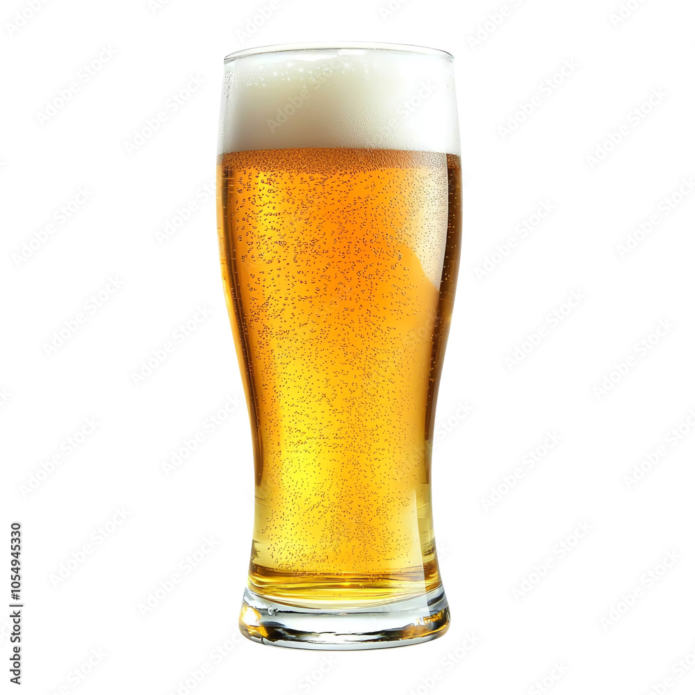 A refreshing glass of golden beer with frothy foam on top, set against a white isolated background. transparent background A refreshing glass of golden beer with frothy foam on top, set against a white isolated background. transparent background