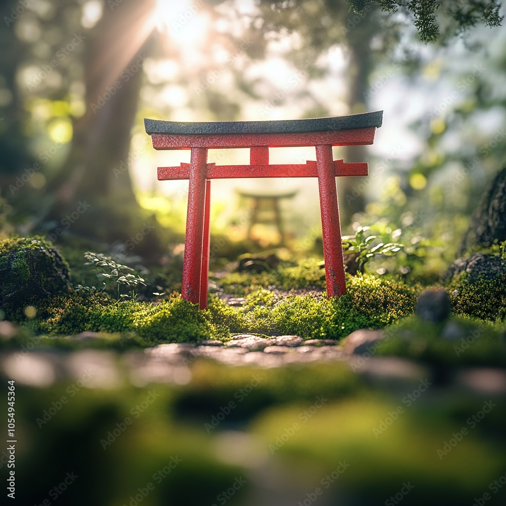 Traditional Red Torii Gate in a Lush Green Forest Setting Traditional Red Torii Gate in a Lush Green Forest Setting