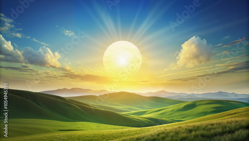 Radiant sunrise over sunny green hills and blue sky