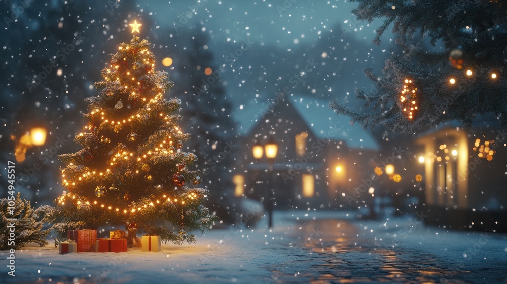 Snow falling gently on a Christmas scene with a decorated tree and glowing lights Snow falling gently on a Christmas scene with a decorated tree and glowing lights