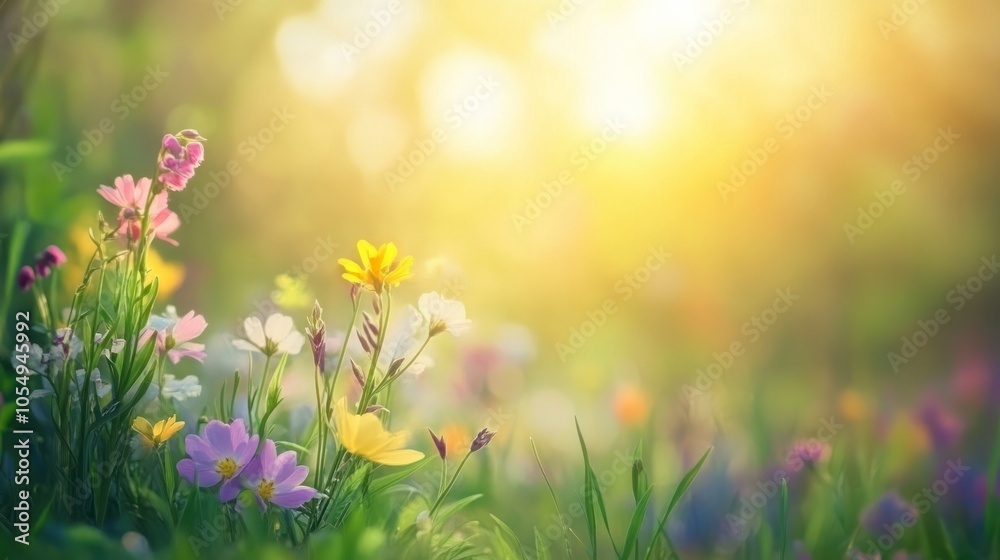 Spring meadow with fresh green grass and colorful wildflowers under soft sunlight Spring meadow with fresh green grass and colorful wildflowers under soft sunlight