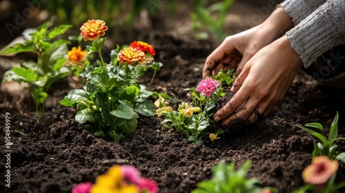 Spring gardening scene with hands planting flowers and fresh soil